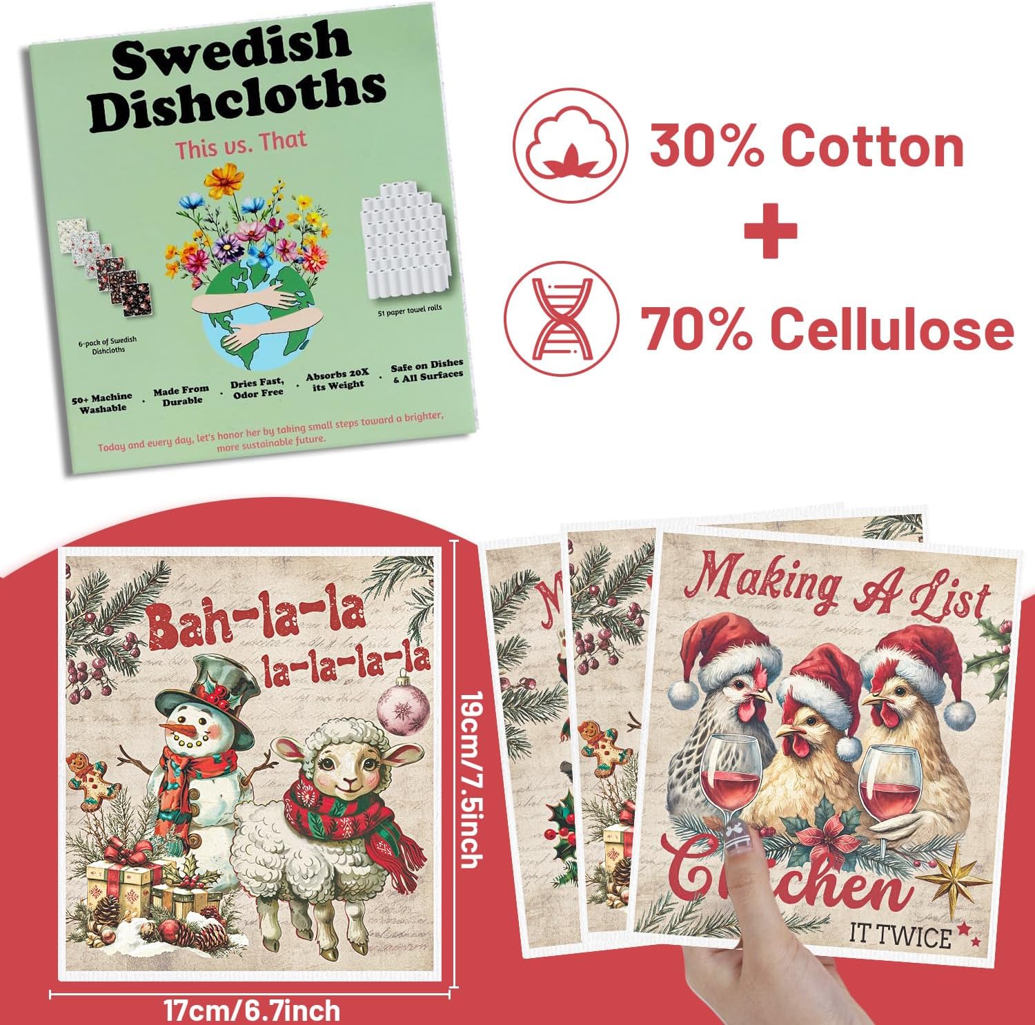 Christmas Swedish Dishcloths for Kitchen, 6 Pack Vintage Farm Animals Reusable Paper Towels Housewarming Gifts for Women, Xmas Absorbent Dish Rags for Home Cleaning