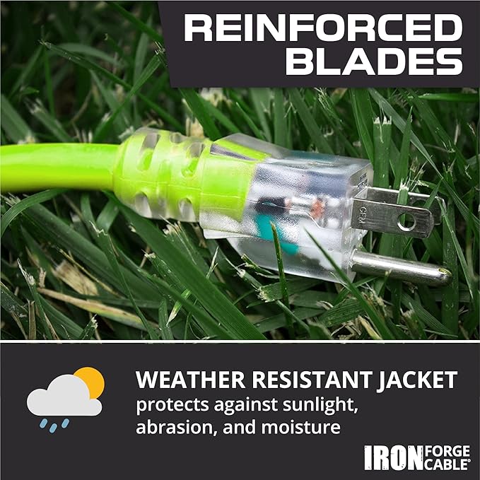 Iron Forge Cable 50 Foot Lighted Outdoor Extension Cord with 3 Outlets - 12/3 SJTW Heavy Duty Light Green Extension Cable 3 Prong - Multiple Outlets