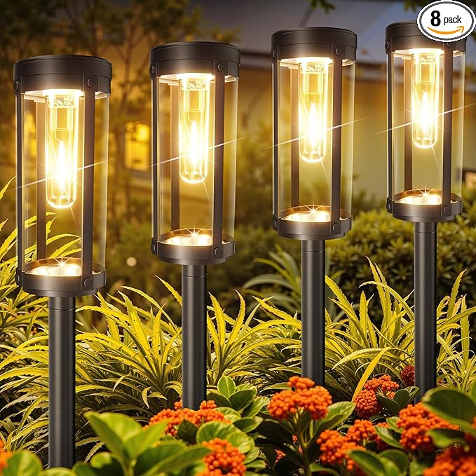 Solar Pathway Lights Outdoor: 8 Pack Upgraded Solar Lights Outdoor Waterproof - Up to 15 Hrs Bright Modern Path Light for Garden Yard Patio Driveway Walkway Sidewalk Landscape Lighting Outside Decor