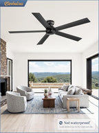 60 Inch Flush Mount Ceiling Fan no Lights, Black Ceiling Fan, 6-Speeds, Quiet Reversible DC Motor, Indoor/Outdoor Large Ceiling Fans without Lights for Living Room, Bedroom,Patio
