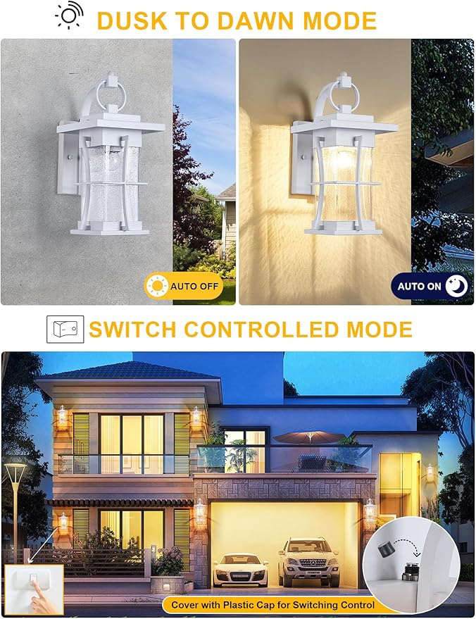 White Outdoor Wall Light Dusk to Dawn Lantern Exterior Fixtures Wall Mount Porch Sconce Light with Photocell Sensor Waterproof Modern Outside House Lighting for House, Patio, Garage, E26 Base
