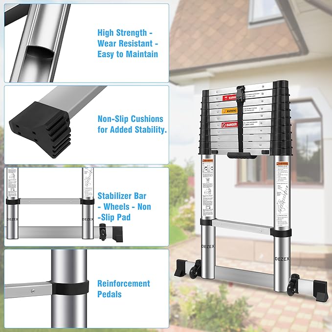 10.5 FT Stainless Steel Telescoping Ladders - One-Button Retraction Collapsible Extension Ladder for Home,RV,Attic,Lasts 375 LBS with Balance Bar and Wheels
