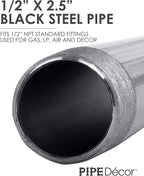 PIPE DÉCOR 1/2" x 2-1/2" Malleable Cast Iron Pipe Nipple, Pre Cut Connectors, Industrial Steel Grey Fits Standard Half Inch Black Threaded Pipes Nipples and Fittings, Vintage DIY Furniture, 10 Pack