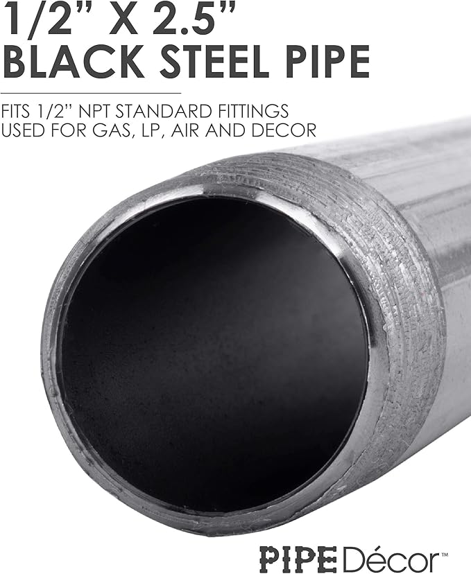 PIPE DÉCOR 1/2" x 2-1/2" Malleable Cast Iron Pipe Nipple, Pre Cut Connectors, Industrial Steel Grey Fits Standard Half Inch Black Threaded Pipes Nipples and Fittings, Vintage DIY Furniture, 10 Pack