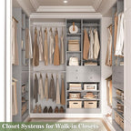 Closet System, 4.2–8.8 FT Closet Organizer with 2 Wooden Drawers and Shelves, Walk-in Closet System with 5 Hang Rods, Built-in Reach in Closet Tower, Can Fit 60 to 96 inch, Morandi Grey