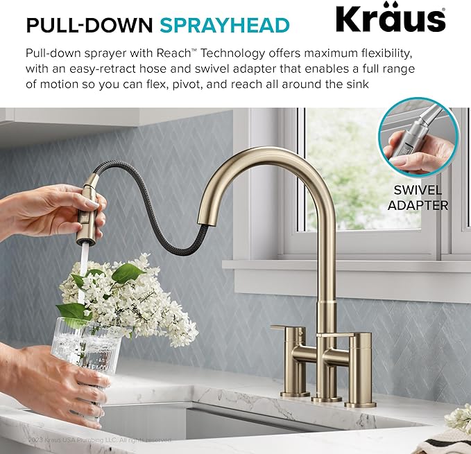 KRAUS Oletto Bridge Kitchen Faucet with Pull-Down Sprayhead in Spot-Free Antique Champagne Bronze, KPF-3122SFACB