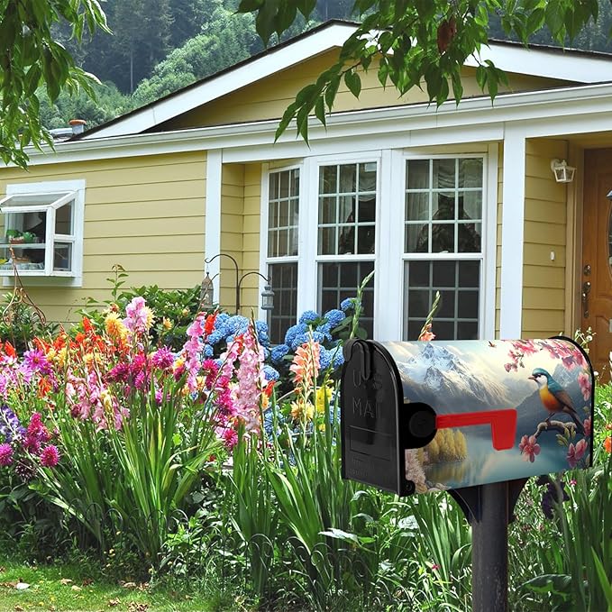 Spring Flowers Bird Mailbox Cover Magnetic Standard Size 21x18 Inch Spring Mountain Lake Mailbox Covers Floral Rustic Seasonal Mailbox Wraps Post Letter Box Decor for Garden Yard