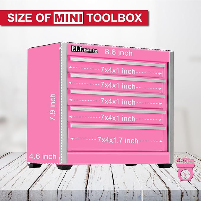 P.I.T. Mini Pink Tool Box, Portable 5-Drawer Micro Roll Cab Steel Tool Box with Liner, Pink Small Tool Case for Tools Storage, Home DIY