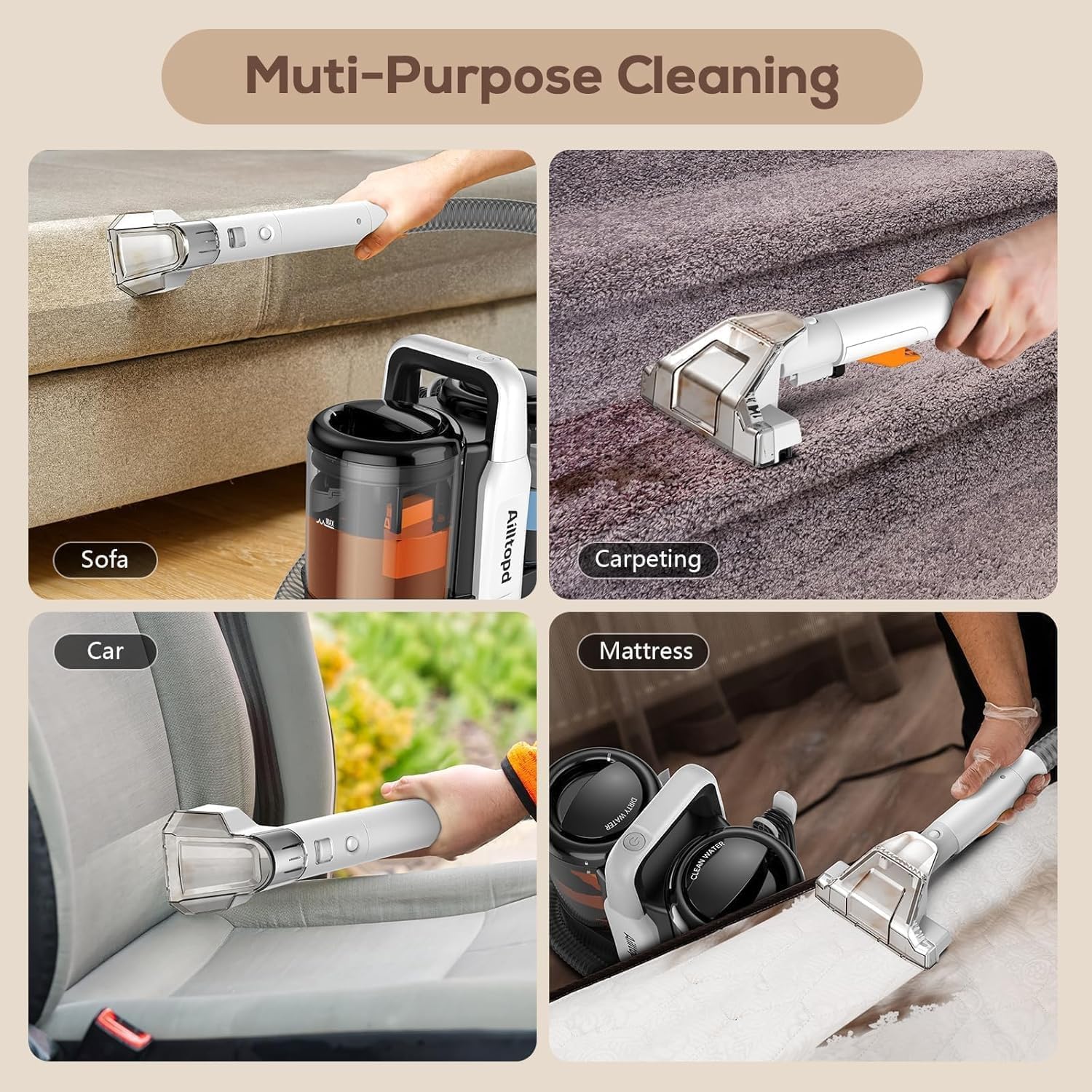 Portable Carpet & Upholstery Spot Cleaner Machine, Powerful Suction & Handheld Carpet Cleaner, Deep Stain Cleaning for Carpet, Car, Couches, Pets, with Carpet Cleaner Solution