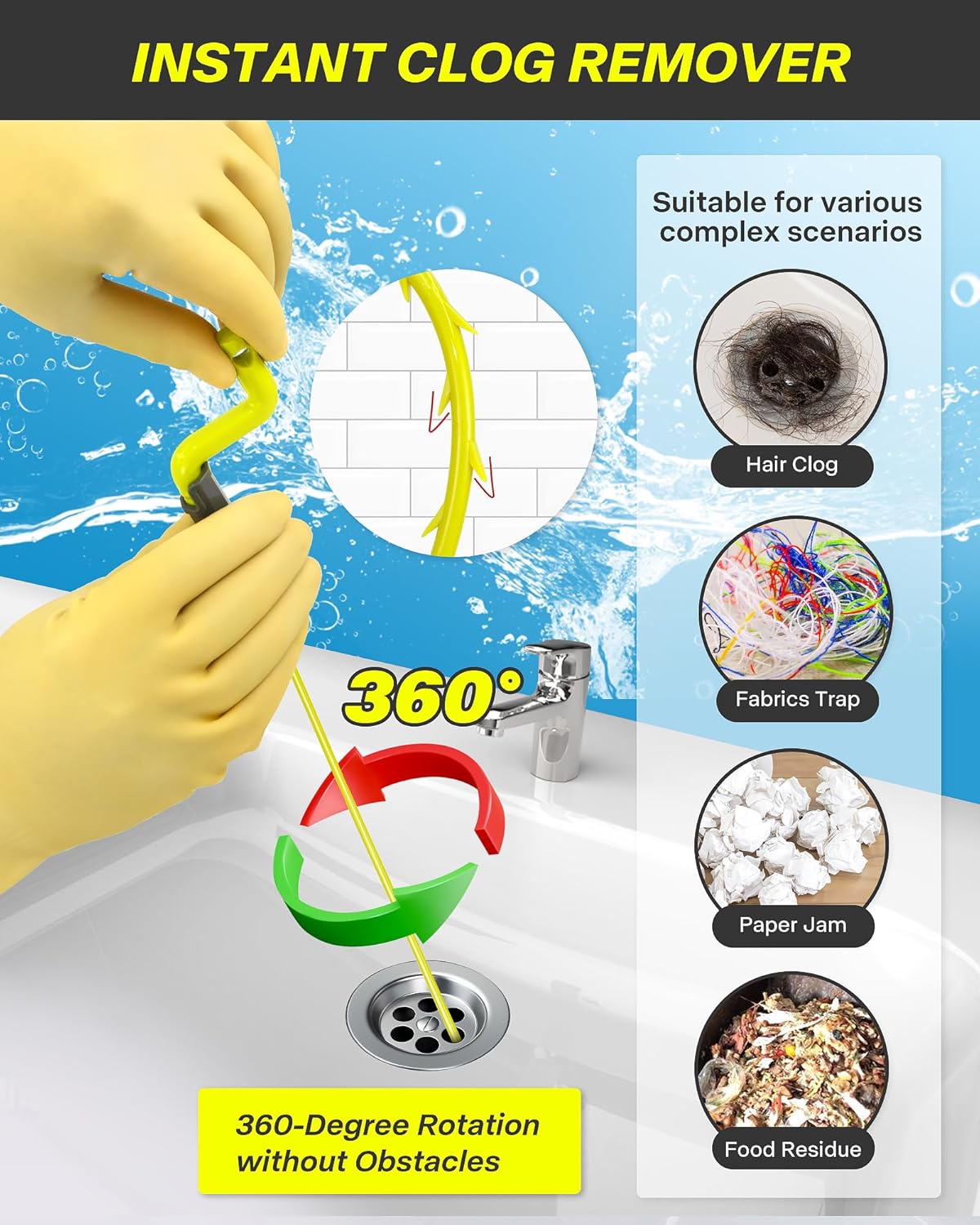 35inch Drain Clog Remover, Drain Cleaner Hair Clog Remover with Rotating Handle and 7 Refills, Drain Hair Remover Plumbing Snake, Easy and Quick Unclog Bathtub Drain, Sink, Shower (7 Pack)