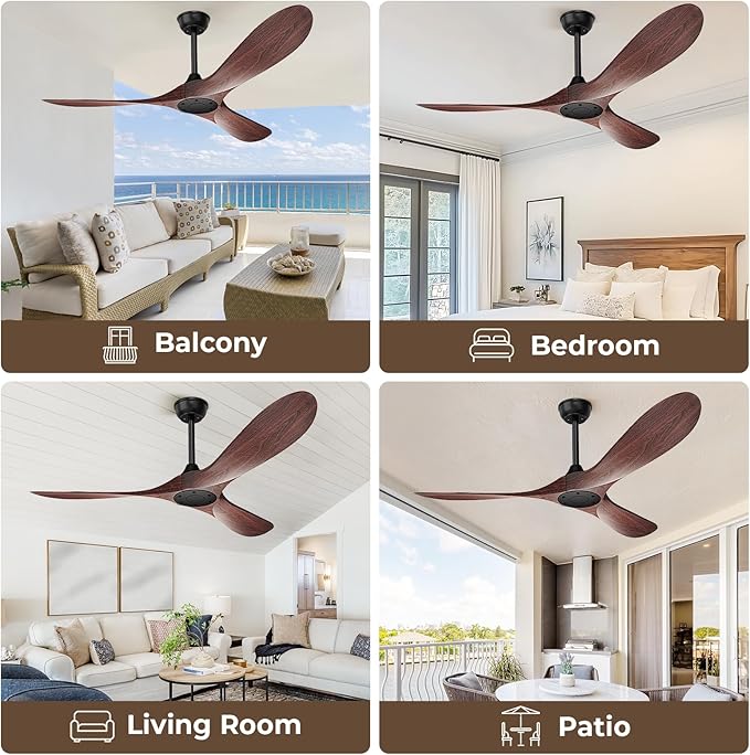 52 Inch Ceiling Fan Without Lights, Walnut Finish | Outdoor Ceiling Fan with Remote, 6-Speed Adjustable Reversible DC Motor for Patio & Living Room