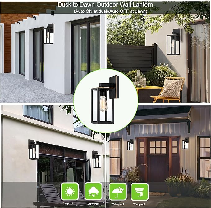 GRUENLICH Dusk to Dawn Large Outdoor Wall Lantern, Wall Sconce as Porch Lighting Fixture, E26 Base Max 60W, Metal Housing with Glass Shade (Oil Rubbed Bronze, 2-Pack)
