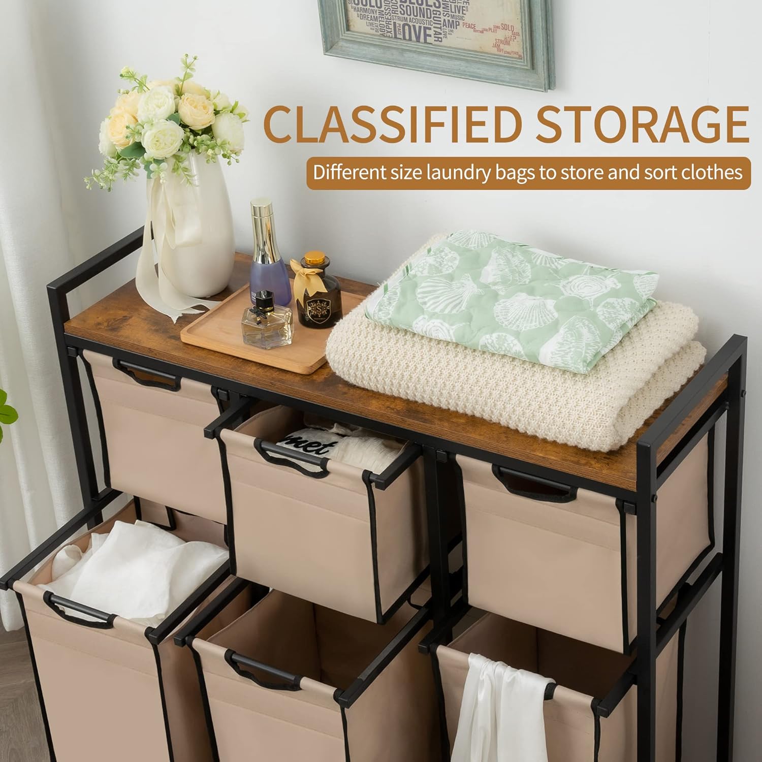 Laundry Basket Organizer, Hampers for Laundry 6 Compartments, Laundry Hamper with 6 Sliding Laundry Sorter Bags, Top Storage Shelf, and Metal Frame (6 Compartments)