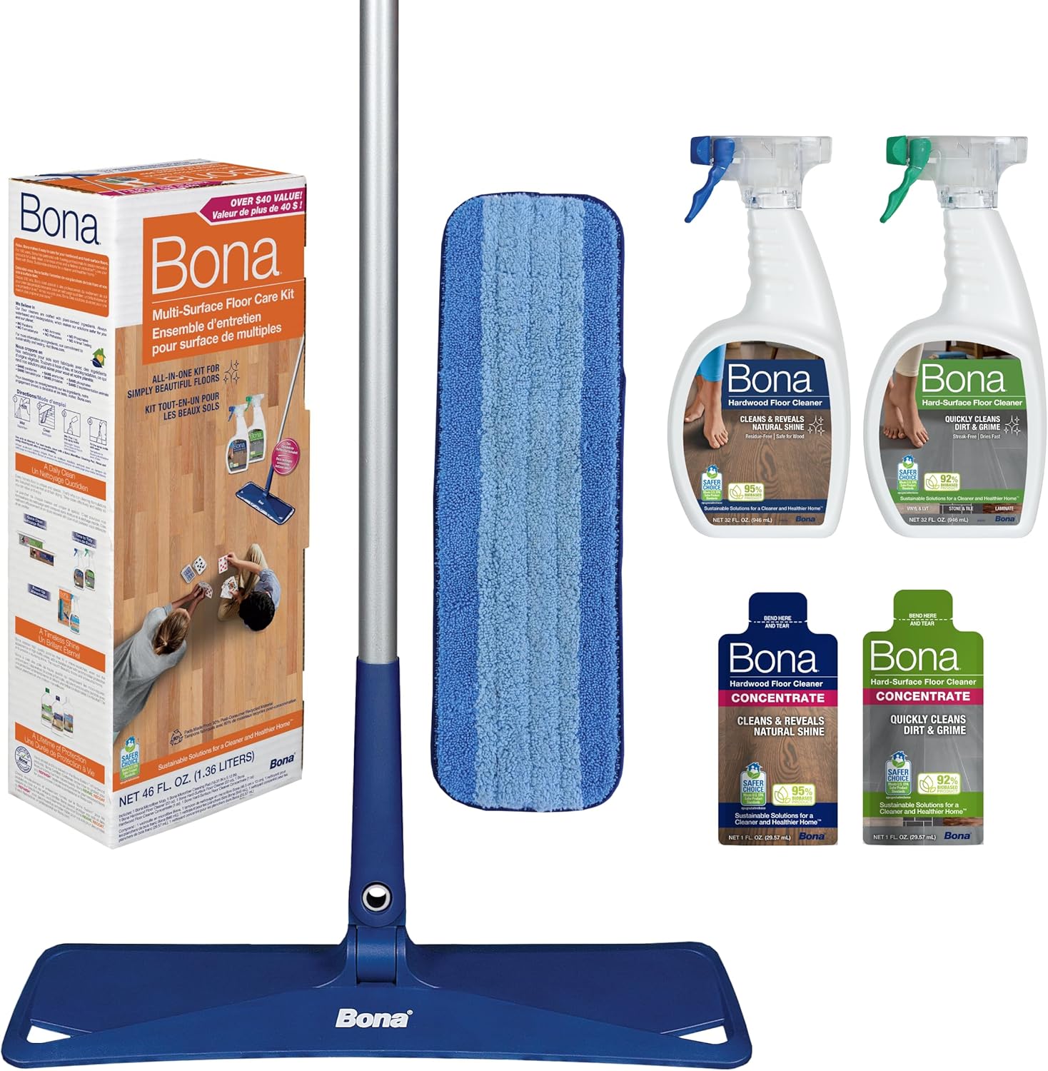 Bona Multi-Surface Floor Care Kit - Includes Microfiber Mop, Microfiber Cleaning Pad, Hardwood Floor Cleaning Solution, and Multi-Surface Floor Cleaning Solution - Kit for Hard Floors