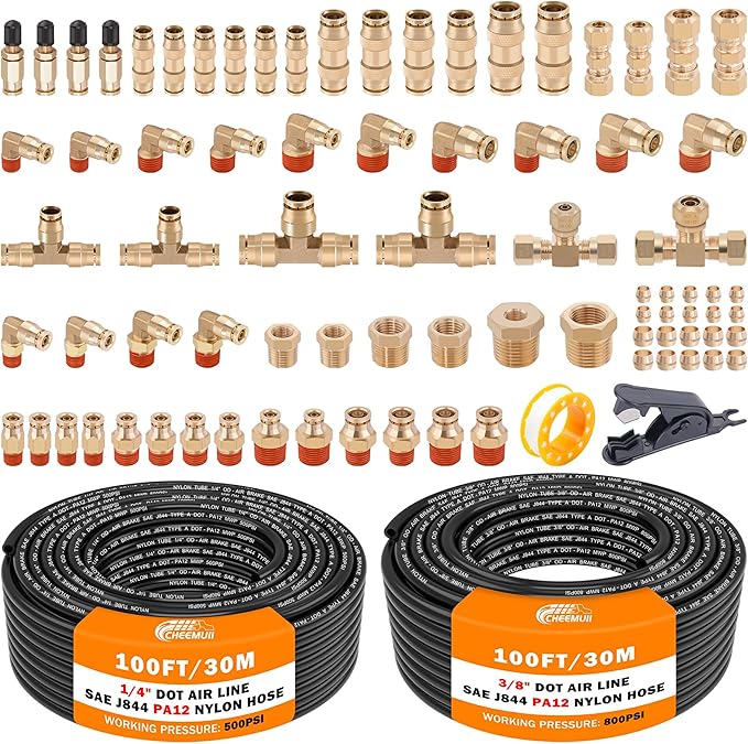 CheeMuii 80 PCS Brass DOT Air Line Fittings with 100FT 1/4" and 100FT 3/8" DOT Air Line Kit Push Lock Air Fitting Quick Connect & NPT Thread Fittings with Pneumatic Tubing