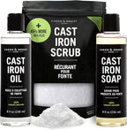 CARON & DOUCET – New Ultimate Cast Iron Set: Seasoning Oil, Cleaning Soap & Restoring Scrub | 100% Plant-Based & Best for Cleaning Care, Washing, Restoring & Seasoning Skillets, Pans & Grills!