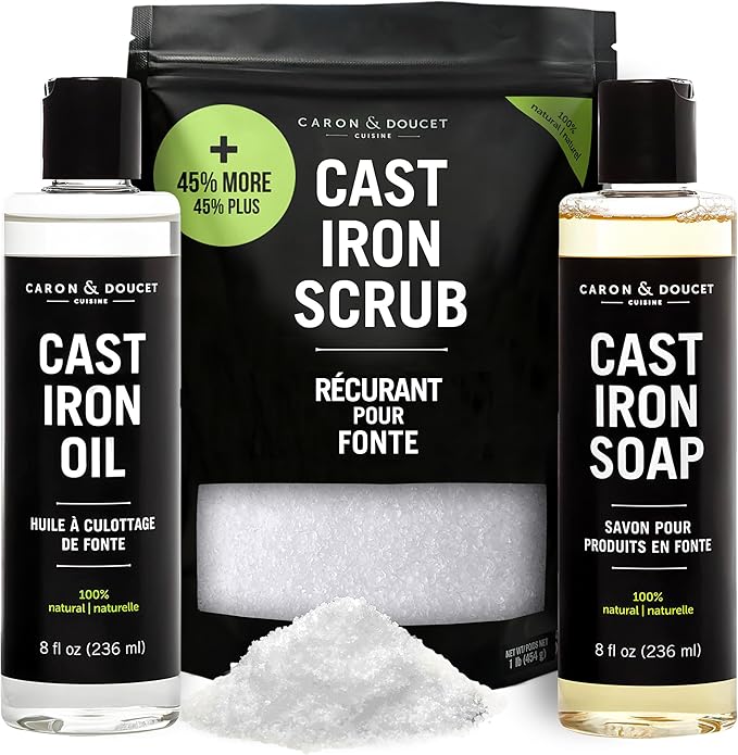 CARON & DOUCET – New Ultimate Cast Iron Set: Seasoning Oil, Cleaning Soap & Restoring Scrub | 100% Plant-Based & Best for Cleaning Care, Washing, Restoring & Seasoning Skillets, Pans & Grills!