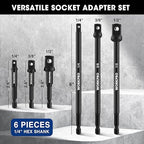 WORKPRO 6-Piece Socket Adapter Extension Set, 1/4, 3/8, 1/2-Inch Drive, 1/4-Inch Hex Shank, 2.6, 2.9 & 6 Inch Length, Impact Grade Extension Bit With Holder For Power Drill & Impact Driver