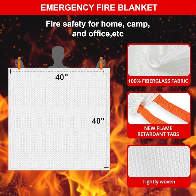 SecuCaptain Emergency Fire Blanket for Home and Kitchen - 12 Pack 40"x40" Flame Suppression Fiberglass Fire Blankets for House Camping Car Warehouse Office Emergency Survival Safety