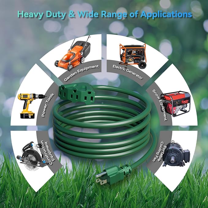 K KASONIC - 25 Ft Extension Cord with 3 Outlets, UL Listed 16/3 SJTW, 3-Wire Grounded, 13A 125V 1625W for Indoor/Outdoor Use - Green