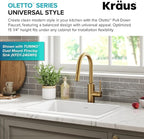 KRAUS Oletto Single Handle Pull Down Kitchen Faucet with QuickDock Top Mount Installation Assembly in Spot-Free Brushed Brass, KPF-2620BB