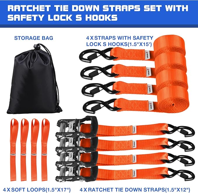 Tie Down Ratchet Straps with S Hooks Heavy Duty 4400 LB 1.5" x15' Lashing Appliance Moving Furniture Tow Rope Wheel, ATV,UTV,Dirt Bikes,Ladder Rack,Trailer,Boat,Truck Bed Accessories for Men Orange