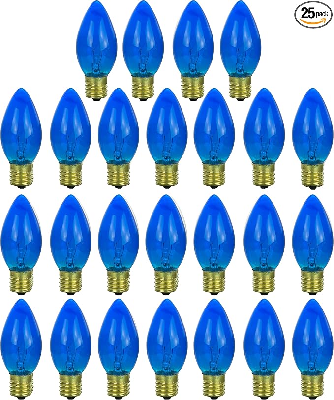 Sunlite Incandescent C9 Colored Night Light Bulb, 7 watts, 120 Volts, Intermediate E17 Screw Base, 2000 Rated Hours, Christmas-Lights Nightlight, Transparent Blue, 25 Pack