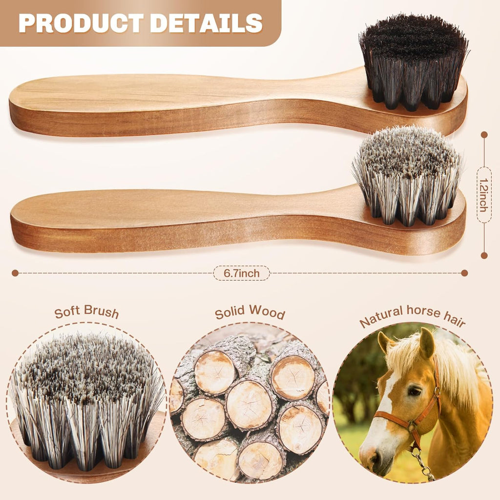 4 Pcs Horsehair Shine Shoes Brush Kit Polish Dauber Applicators Cleaning Leather Shoes Boots Care Brushes Suede Cleaner Brush with Microfiber Shoe Cloth(Wooden Handle B)