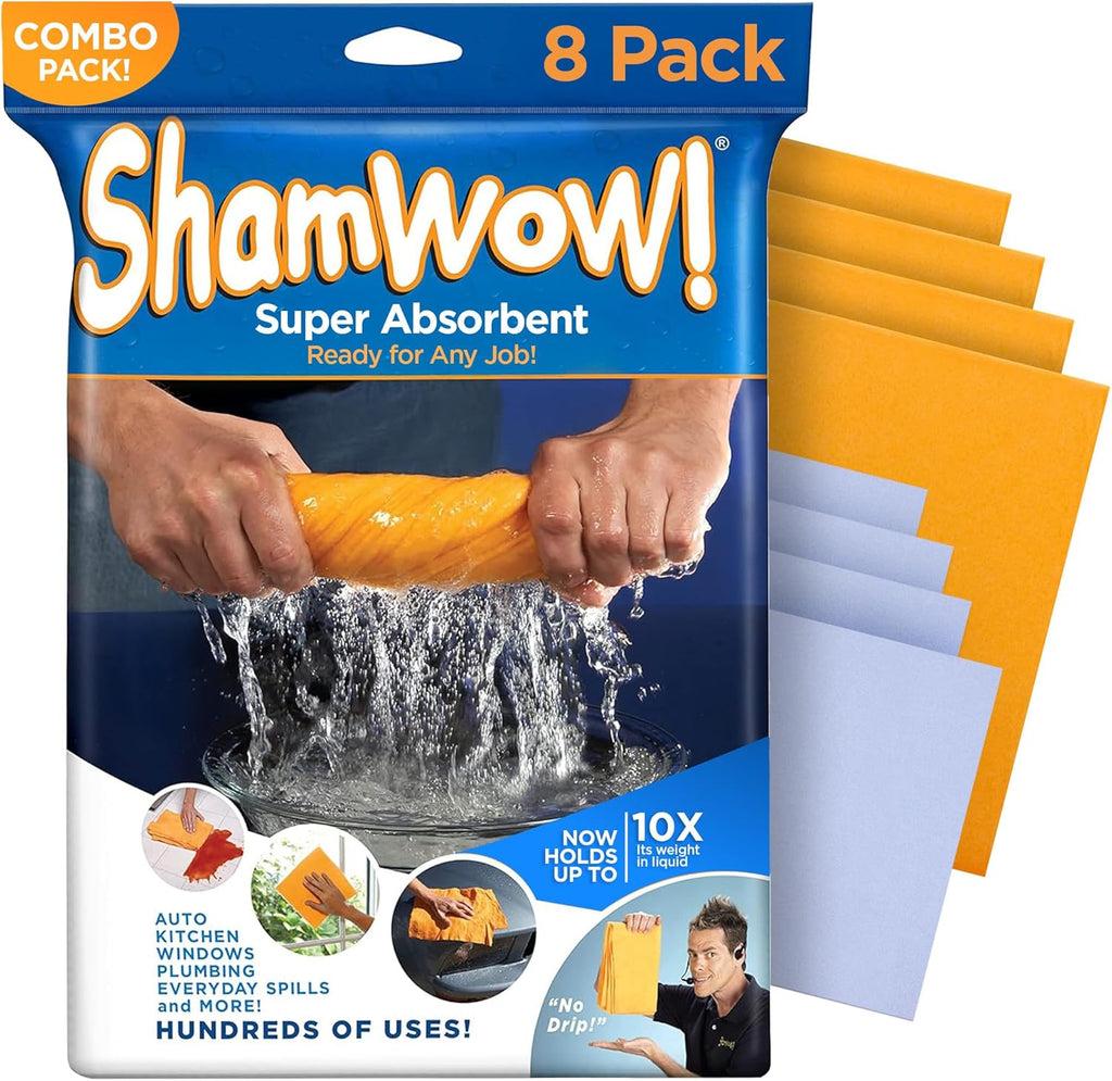 Original Shamwow - Super Absorbent Multi-Purpose Cleaning Shammy Chamois Towel Cloth - Holds 10X its Weight in Liquid - Machine Washable - Will Not Scratch (8 Pack, Orange)