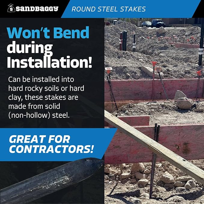 Sandbaggy 72" Round Steel Concrete Form Stakes with Nail Holes - Rust Resistant Coating - Removable, Reusable (1)