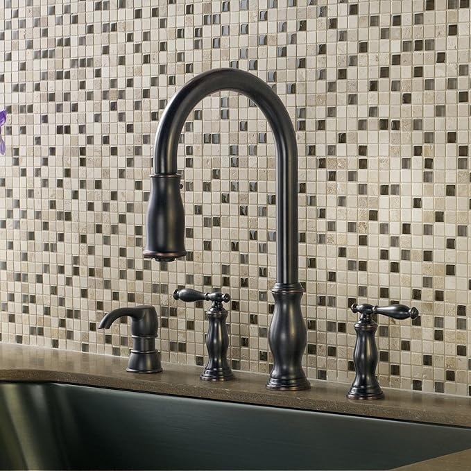 Pfister Hanover Kitchen Faucet with Pull Down Sprayer and Soap Dispenser, 2-Handle, 4-Hole, High Arc, Tuscan Bronze Finish, F5314HNY