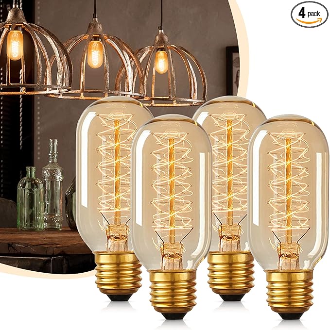 DORESshop Edison Bulbs [4 Pack], 60 Watt Light Bulbs, Incandescent Light Bulbs, T45, 110-130 Volts, E26 Bulb, Spiral Filament Lightbulbs, Dimmable Decorative Light Bulbs, Amber Glass, Warm White