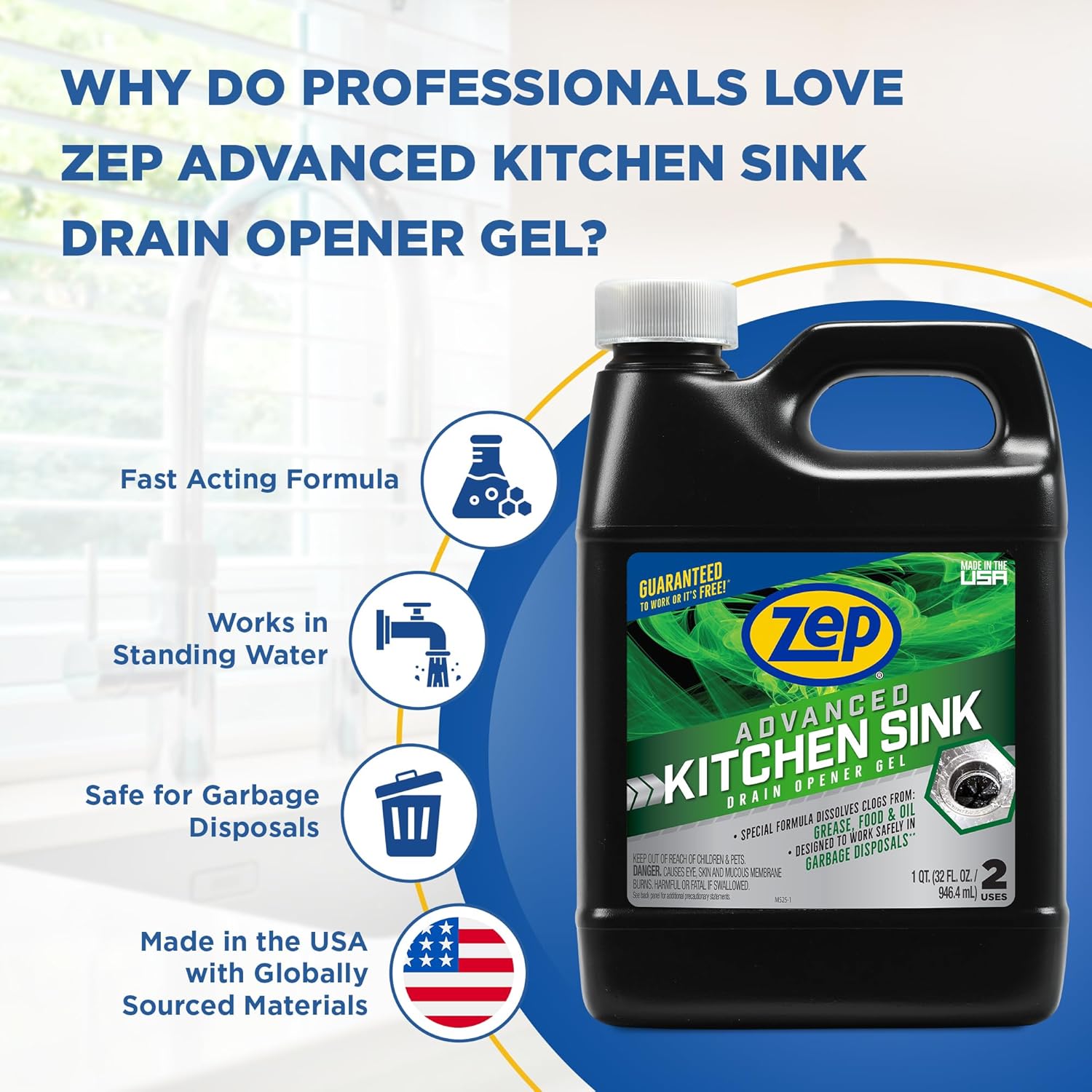 Zep Advanced Kitchen Drain Opener 32 oz (Case of 12) U49710 - Formulated for Grease, Food, and Oil-Safe for Garbage Disposal