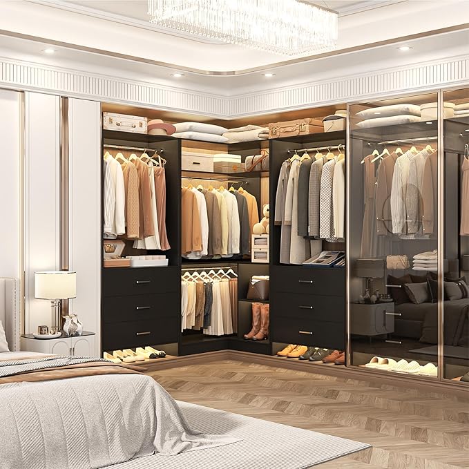 Aheaplus Closet System Closet Organizer, Wood Closet Organizer System, Walk-in Closet or Small Closets Wardrobe, Clothes Rack with Hanging Rods, 4FT Closets, Set of 2, Black