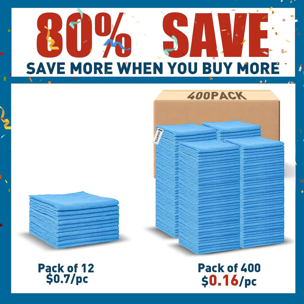 Microfiber Towels Bulk-400 Pack, Cleaning Cloths, Microfiber Towels for Cars, Cleaning Rags Blue (12x12 inches)