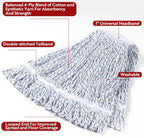 Matthew Cleaning Looped-End Pack of 12 Cotton,1.25'' Universal Headband Heavy Duty Commercial Mop Head Replacement for Indoor&Outdoor Use,Grease Stain Floor Cleaning String Mops Head Refill