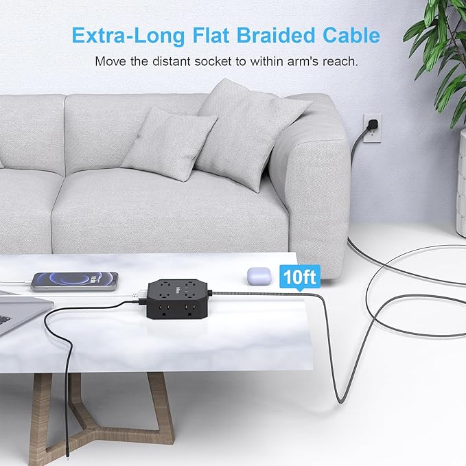 10FT Surge Protector Power Strip, Braided Extension Cord, 8 Outlets 4 USB Ports(2 USB C), Flat Plug Power Strip, USB Desktop Charging Station for Office School Travel Dorm Room Essentials