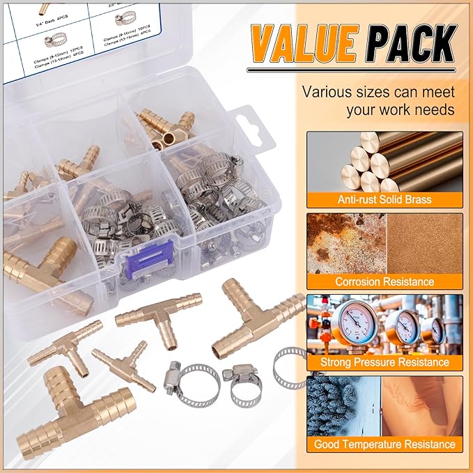 KOOTANS 18PCS Brass Hose Barb Fittings Barb Tee T-Fitting 3 Way Union Kit 1/8″ 3/16" 1/4" 5/16" 3/8" 1/2" Barbed Air Hose Fittings with 30pcs Pipe Clamps for Water Fuel Air Line Connector Fitting