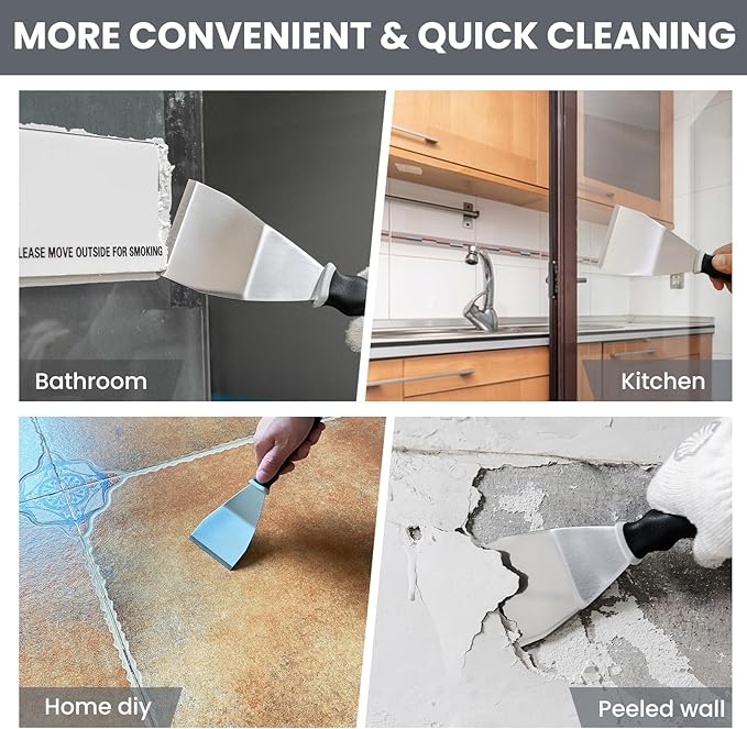 Mister Rui Bent Heavy Duty Scraper, 3" Bent Scraper with Pole Socket Hammer End, Stainless Steel Bent Blade with Anti Slip Rubber Handle, Heavy Duty Paint Remover Scraper Tool