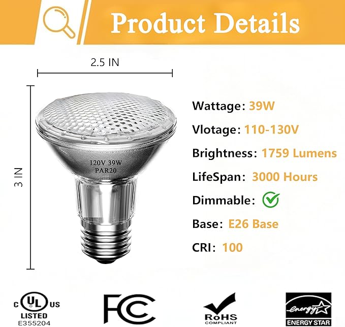 Par20 Halogen Flood Light Bulb, 39W 120V PAR20 Light Bulb, Dimmable, E26 Base, 2700K Warm White, 3000 Hours for Indoor Range Hood, Track Oven, Ceiling Can Lamp（6Pack）