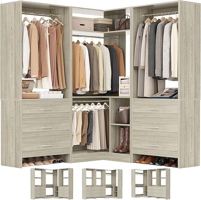 Aheaplus Closet System with 6 Drawers, 4 Hanging Rods & Corner Tower, Corner Closet System with Hanging,80.9" L-Shaped Walk-In Wardrobe Organizer, 2000+ lbs Capacity, Set of 3, White Oak