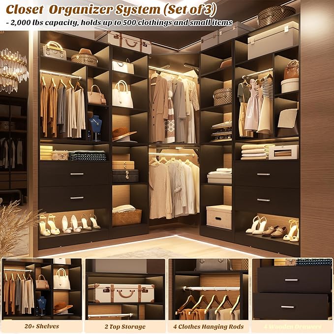 Large Corner Closet System with 3 Sets, 87.2" Closet Organizer System with 4 Drawers & 4 Hanging Rods, Reversible L Shaped Walk-in Closets, Load 2000+LBS, Black (87.2" L x 39.2" W x 80" H)