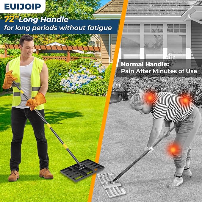 Professional Lawn Leveling Rake with 17x10in Heavy-Duty Stainless Steel Head & 60" Adjustable Handle - Grass Leveling Tool for Quick Soil Grading, Thatch Removal and Yard Maintenance