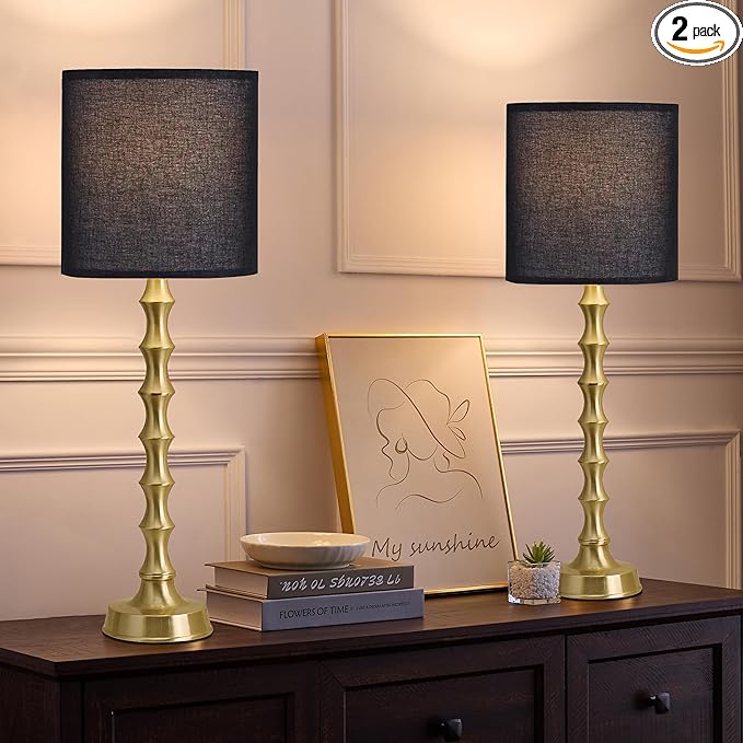 Set of 2 Gold Table Lamps, 30.5" Electroplated Gold Bamboo Base with White Linen Shade, Tall Buffet Lamps for Dining Room, Living Room, Bedroom Decor