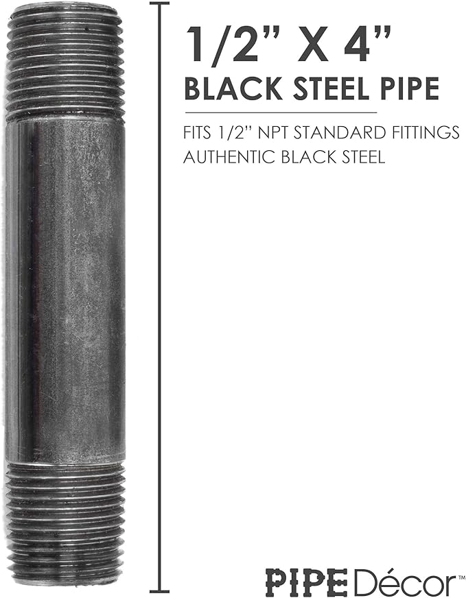 PIPE DÉCOR 1/2” x 4” Malleable Cast Iron Pipe Nipple, Pre Cut Connectors, Industrial Steel Grey Fits Standard Half Inch Black Threaded Pipes Nipples and Fittings, Build Vintage DIY Furniture, 10 Pack