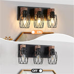 3-Light Vanity Light, Black Metal Bathroom Light Fixtures, Wall Sconce with Wood Accent, 16 inch Wide Bathroom Lighting Fixtures Over Mirror for Living Room, Bedroom, Hallway(Black, 3-Light)
