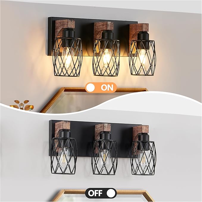 3-Light Vanity Light, Black Metal Bathroom Light Fixtures, Wall Sconce with Wood Accent, 16 inch Wide Bathroom Lighting Fixtures Over Mirror for Living Room, Bedroom, Hallway(Black, 3-Light)