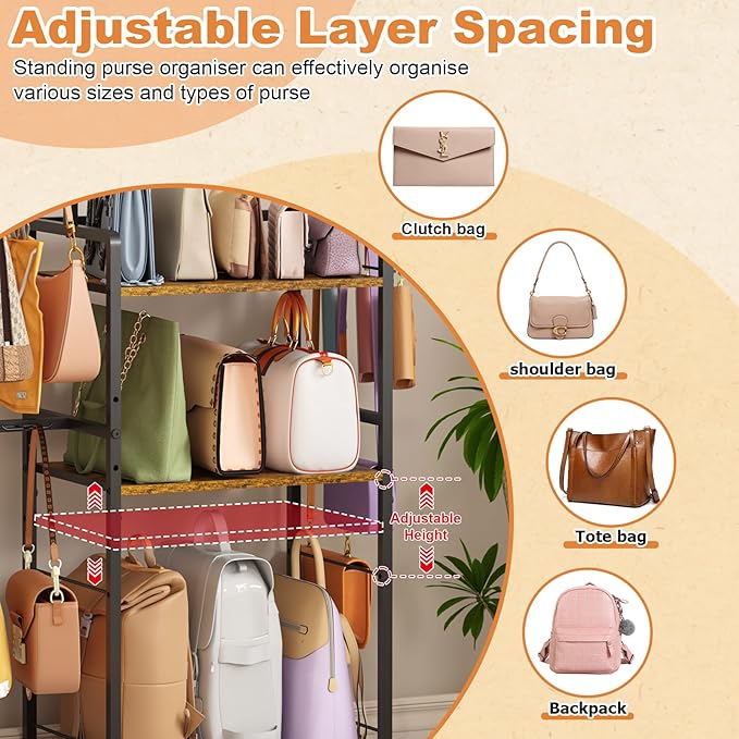 Purse Storage Organizer for Women, 3-Tier Max Purse Storage Stand Rack Holder & Bag Shelf for Closet,12 Fixed Hooks& 3 Side Hooks,Keeping Purses Visible,Purse Display & Bag Organizer for Various Bags
