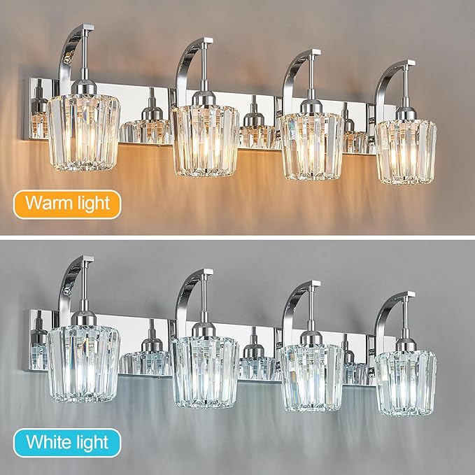 Modern Bathroom Vanity Light, 4-Light Chrome Wall Sconce with Crystal Accents, Over Mirror Bathroom Lighting Fixture, 32.67" Long Dimmable Vanity Lamp for Makeup, Easy Installation