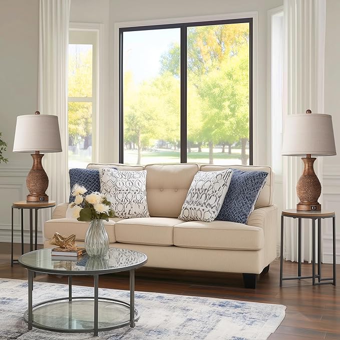 PARTPHONER Table Lamps Set of 2, Bedside Touch Lamp with USB C+A Charging Ports, Side Table Lamp with Linen Fabric Shade (LED Bulbs Included), Wood